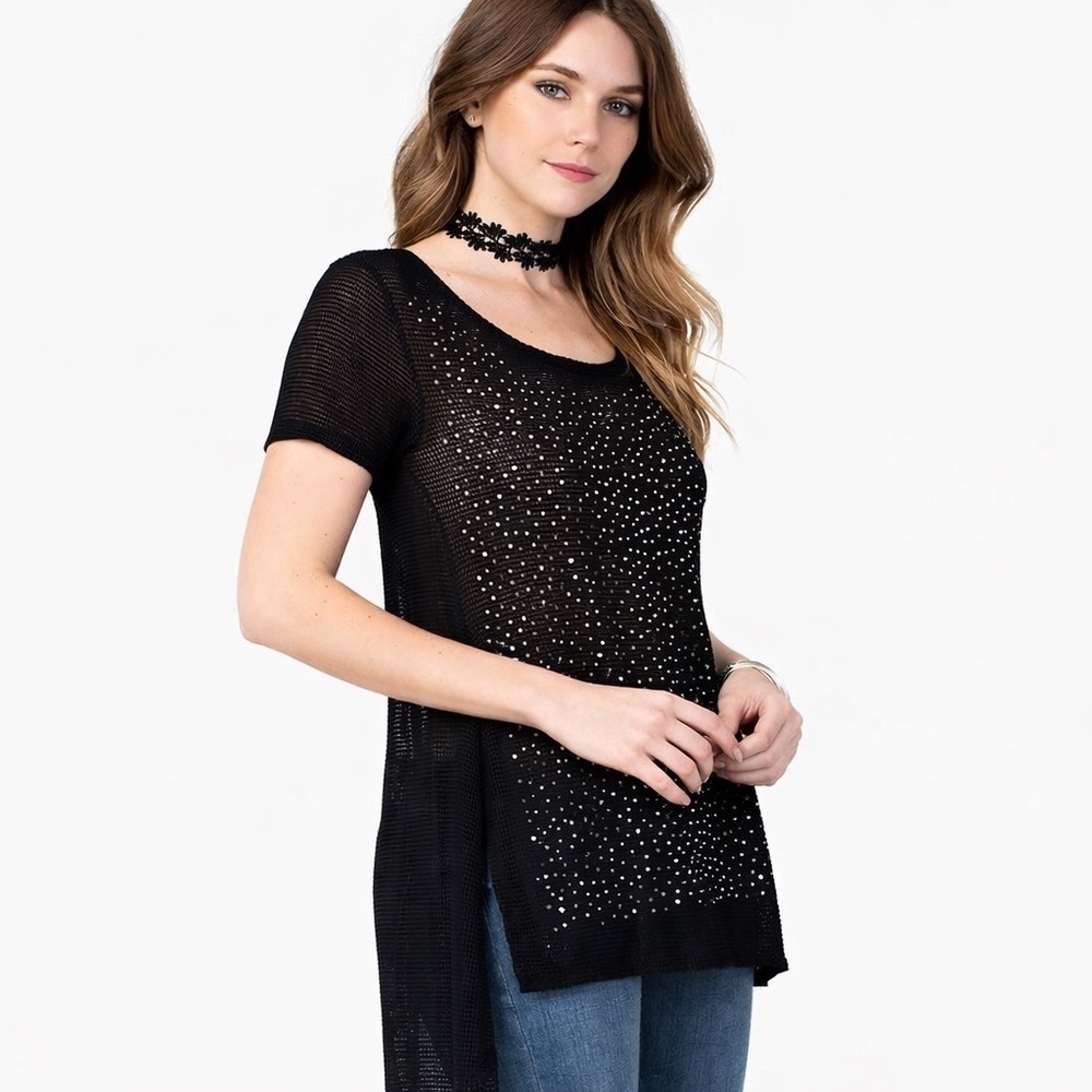 Be Vocal USA Black Mesh Rhinestone Hi-Low Tunic Top Sz Medium Bling Grunge Y2K